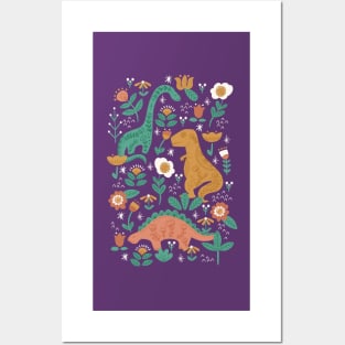 Folk Floral Dinosaurs in Pink Posters and Art